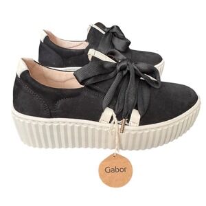 NEW GABOR Women's Black Suede Leather Platform Sneakers Ribbon Lace‎ Up Size 6